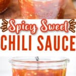 Asian chili sauce in glass jars with text overlay