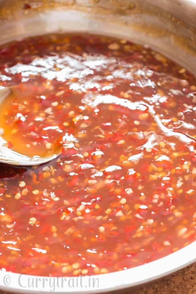homemade spicy sweet chili sauce in pan
