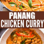 chicken panang curry in skillet with text