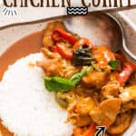 Thai chicken Panang curry served with rice in bowl with text