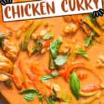 spicy chicken Panang curry cooked in cast iron pan with text