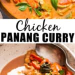 Thai chicken curry served with rice in ceramic bowl with text