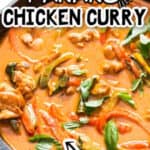 spicy chicken Panang curry cooked in cast iron pan with text
