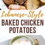 Lebanese baked chicken and potatoes on baking tray with text overlay