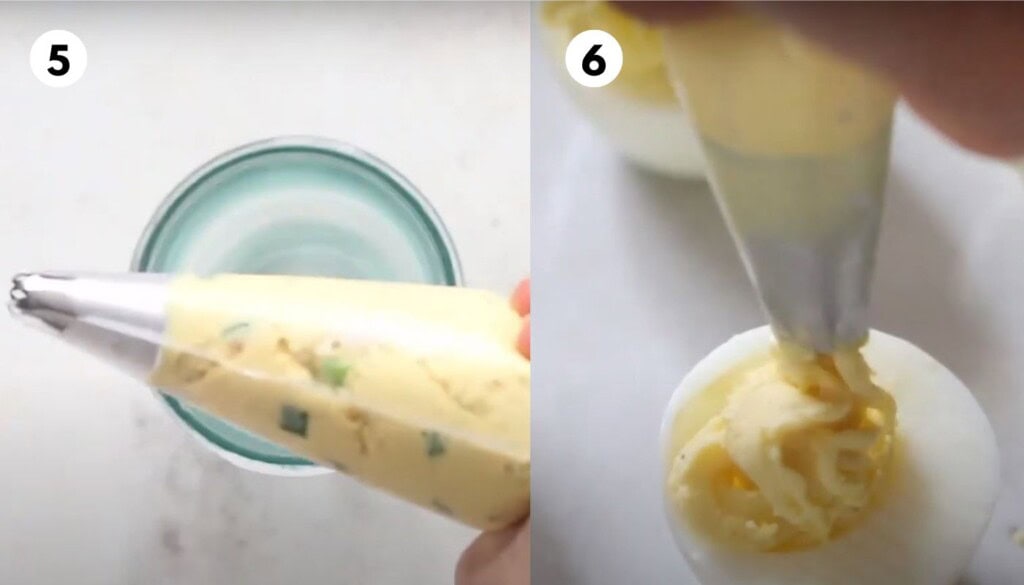 photo collage of making bacon loaded deviled eggs.