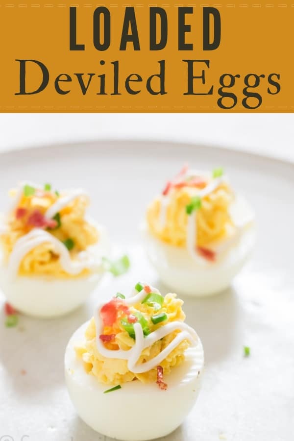 deviled eggs with bacon is great Easter appetizer with text overlay