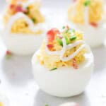 deviled eggs with bacon and chives.