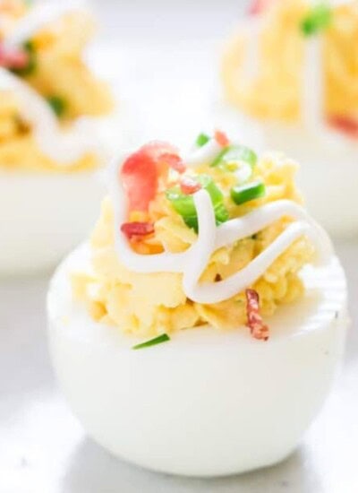 deviled eggs with bacon and chives.