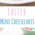 Easter mini cheesecake with dark chocolate and chocolate eggs on top with text overlay
