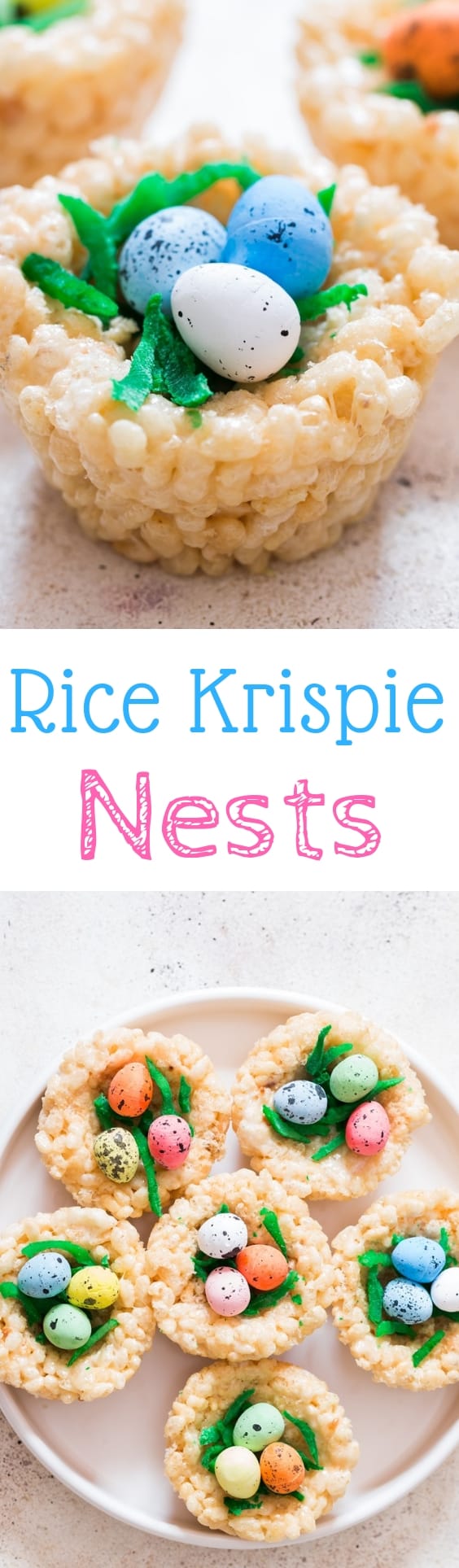 Easter Rice Krispie Treats Birds Nests topped with colored coconut flakes and Easter eggs with text overlay