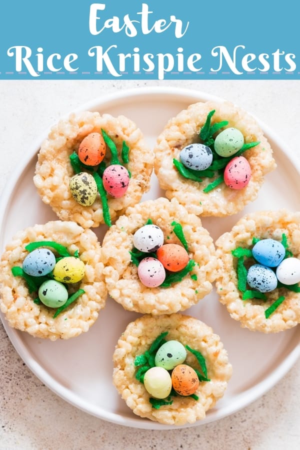 Easter Rice Krispie Treats Birds Nests topped with colored coconut flakes and Easter eggs with text overlay