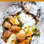 grilled potatoes in foil packets perfect for summer grilling with text ovelay