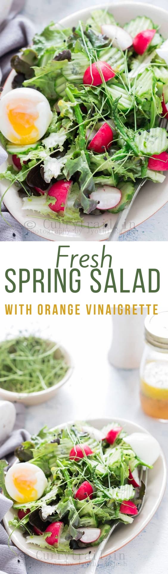 fresh spring salad made from fresh spring mix of tender greens with orange vinaigrette with text overlay