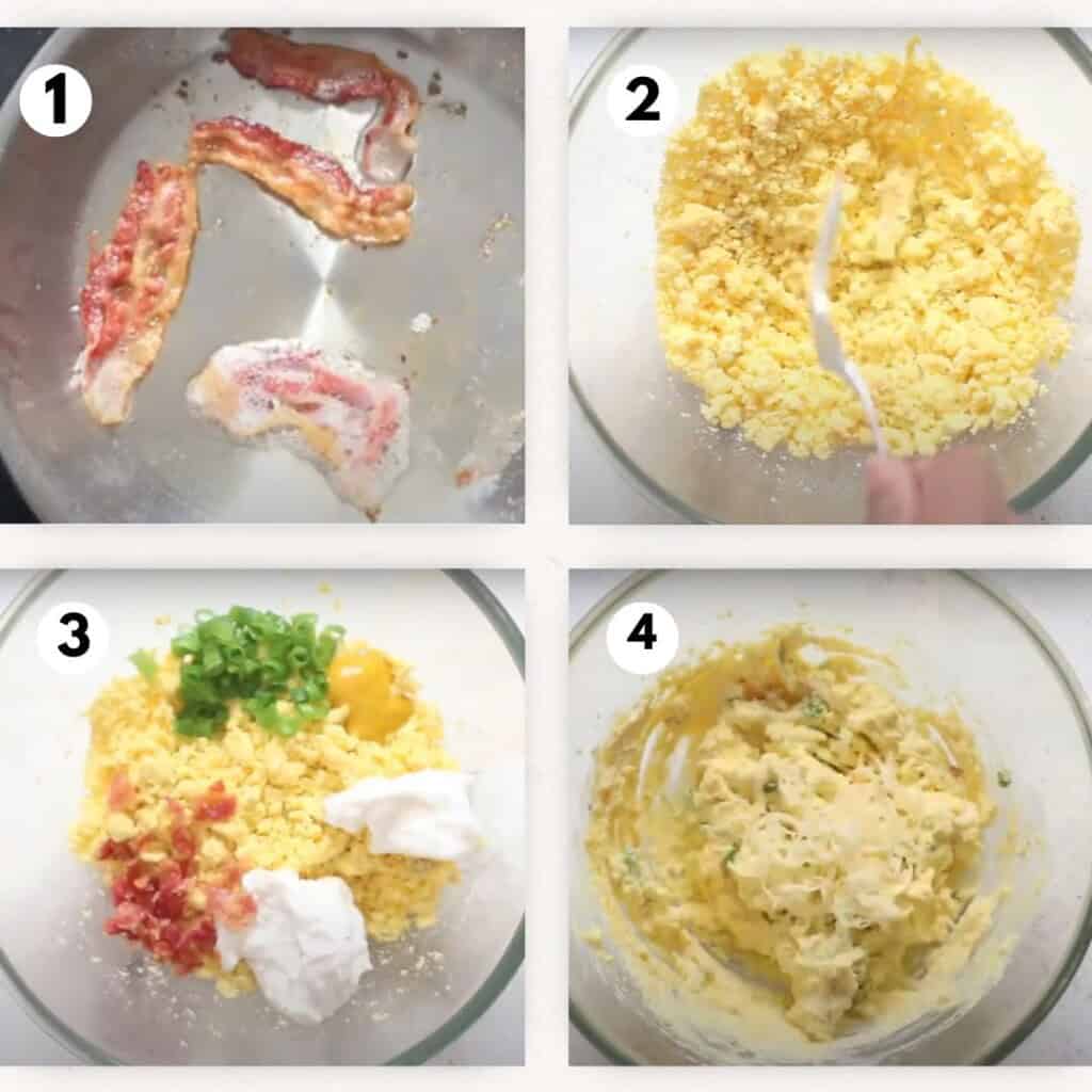 photo collage of making bacon loaded deviled eggs.