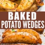 garlic parmesan baked potato wedges with text