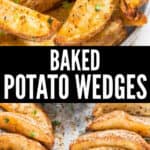 crispy baked potato wedges served with ketchup with text