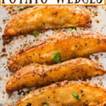 crispy baked potato wedges on baking tray with text