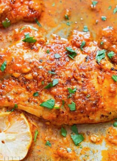 baked tilapia with chili lime and garlic spice rub.