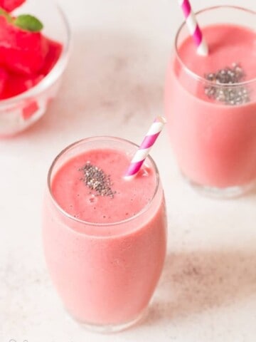 strawberry watermelon smoothie served in two glasses