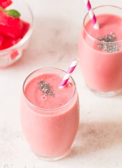 strawberry watermelon smoothie served in two glasses