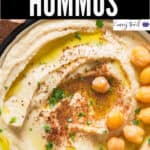 homemade hummus served in bowl with text
