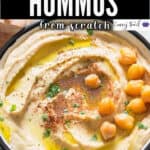 homemade hummus served in bowl with text