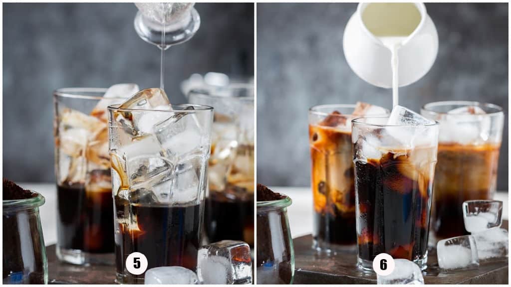picture collage of pouring simple syrup and cream into a glass to make iced coffee.