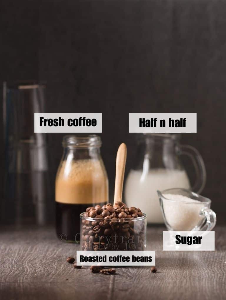 all ingredients for iced coffee on a table.