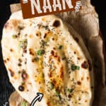 homemade soft pillowy naan recipe with ghee on side with text