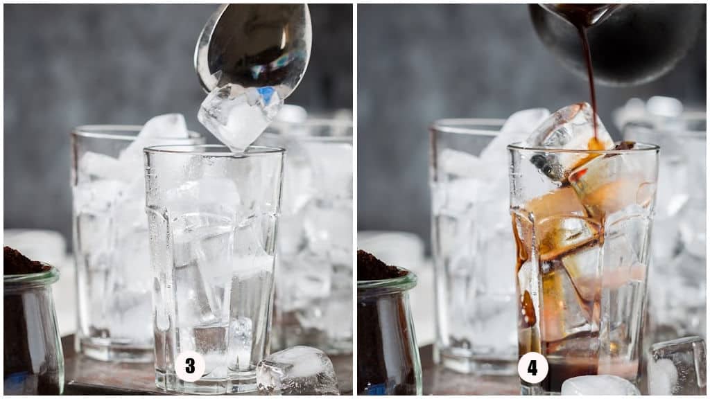 picture collage of adding ice cubes and coffee to a glass.