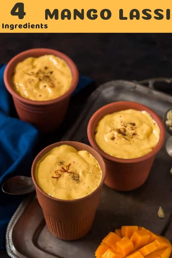 Mango lassi served in earthen pots with text overlay