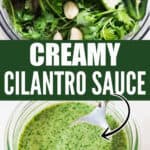 cilantro cream sauce in jar with text