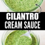 cilantro cream sauce in jar with text