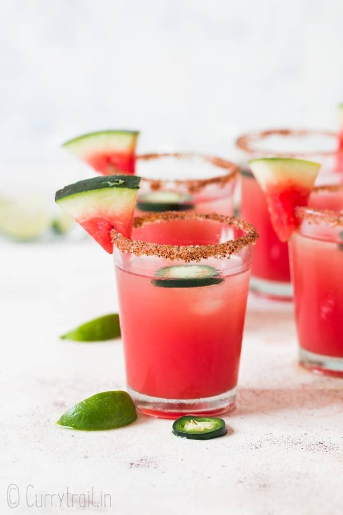 small glasses of watermelon margaritas