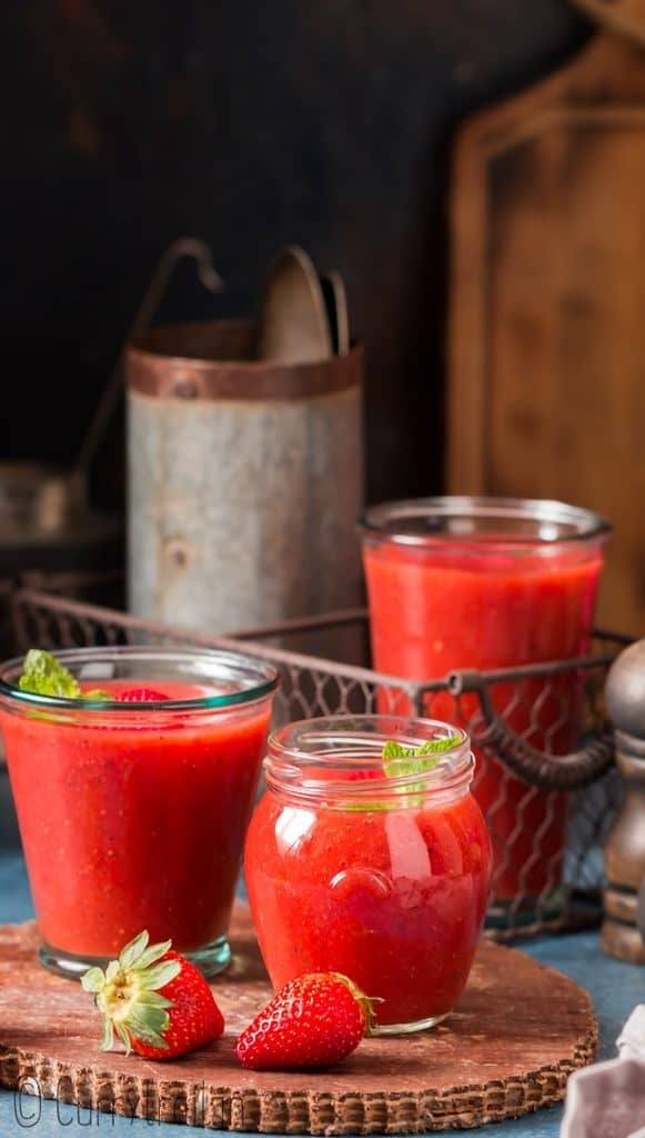 cold soup of strawberry gazpacho in glasses