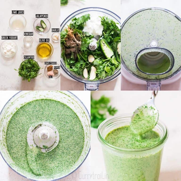 step by step picture collage of making cilantro sauce in food processor