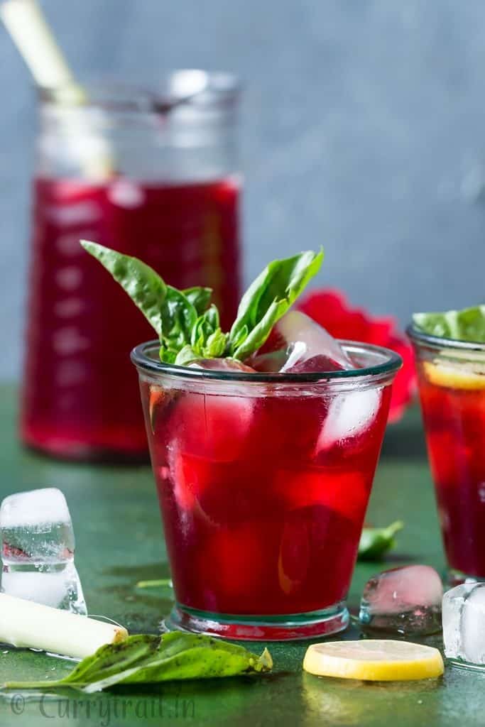 iced hibiscus tea in 2 glasses