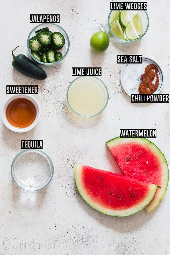 Ingredients for spicy watermelon margarita