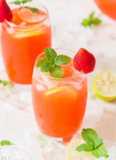 fresh strawberry lemonade served in 2 glasses