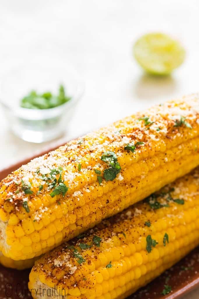 3 boiled instant pot corn on the cob with butter lime chili Parmesan 