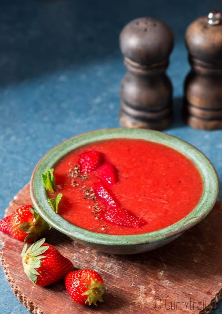 strawberry gazpacho soup served in bowl
