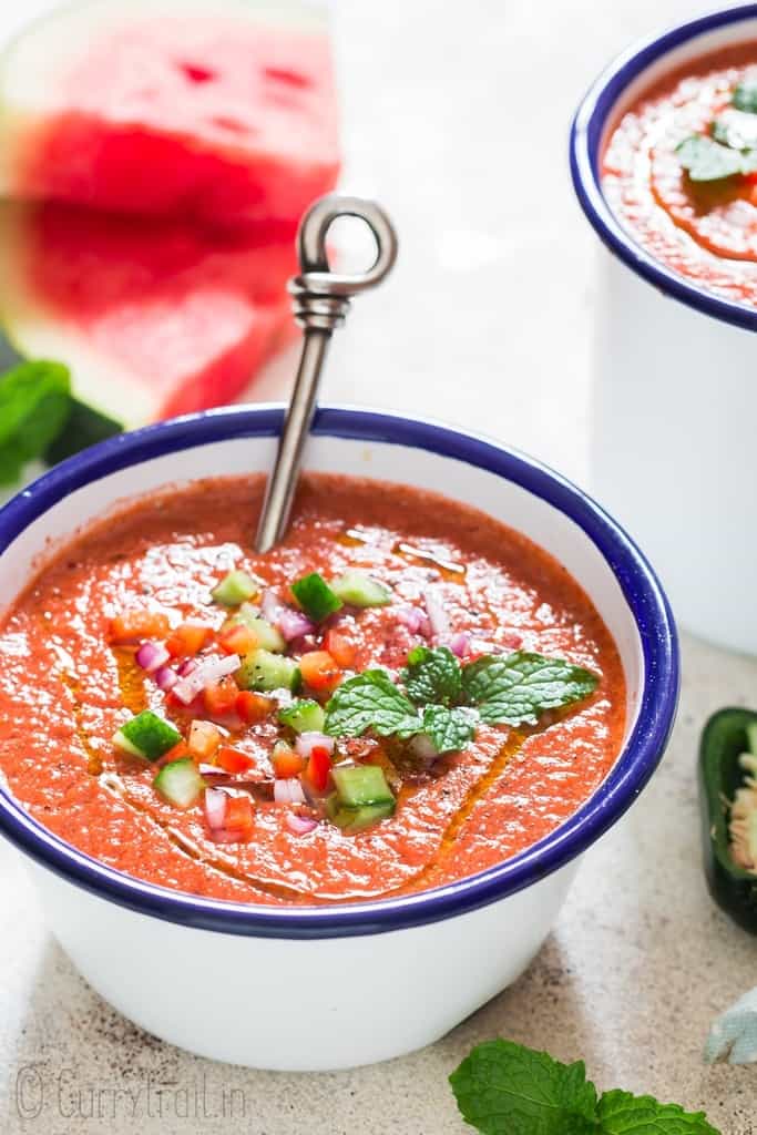 best summer watermelon gazpacho served in white bowl