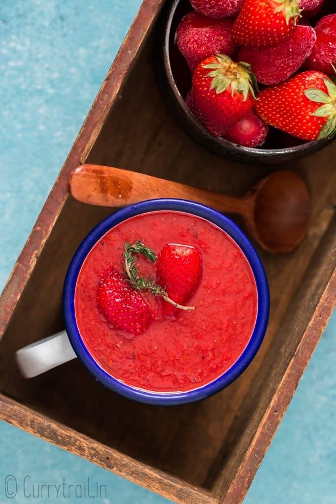 freshly summer chilled soup of strawberry gazpacho in cups