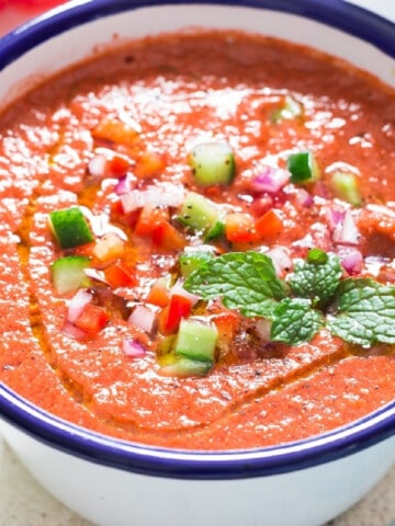 cold watermelon gazpacho soup in a bowl.