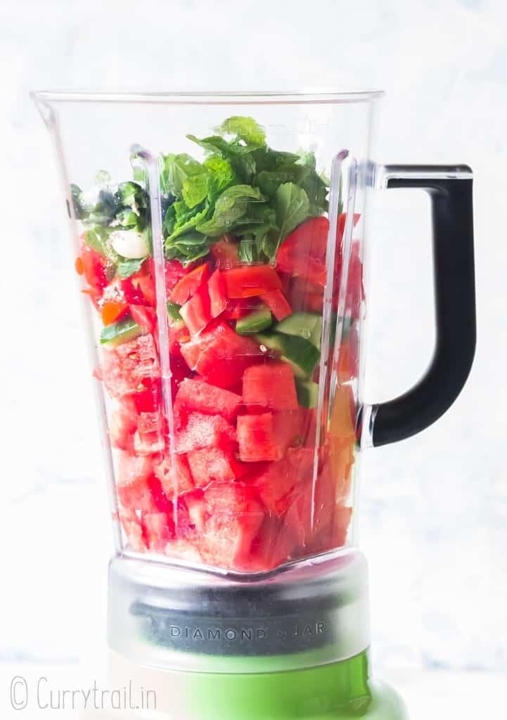 fresh watermelon gazpacho ingredients in blender