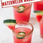 watermelon margarita with jalapenos in shot glasses with text