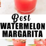watermelon margarita with jalapenos in shot glasses with text