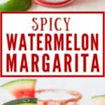 spicy watermelon margarita with jalapenos in shot with textglasses