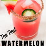 spicy watermelon margarita with jalapenos in shot glasses with text