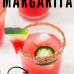 spicy watermelon margarita with jalapenos in shot glasses with text